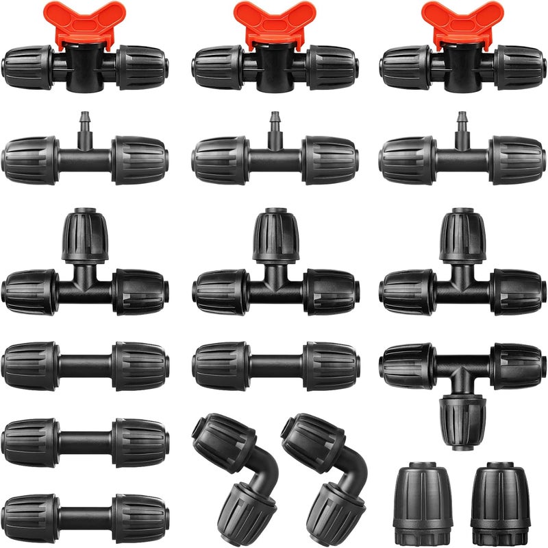 Gardrip Drip Irrigation Fittings Kit for 1/2 Inch Tubing：1/2'' Drip Line Anti-Drop Barbed Locked Nut Connectors 18 Pieces Set Include 4 Couplings 4 Tees 2 Elbows 3 Valves 3 Reducing Tee 2 Plugs - Image 1